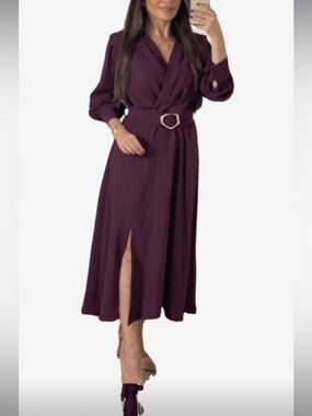 Zara Deep Plum Long Sleeve Midi Wrap Dress with Belt Size Small